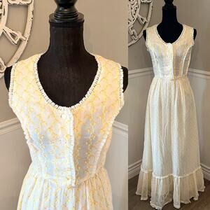 Vintage 70s Handmade Dress Long Sleeveless Maxi Boho Prairie Ruffle Lace Yellow
